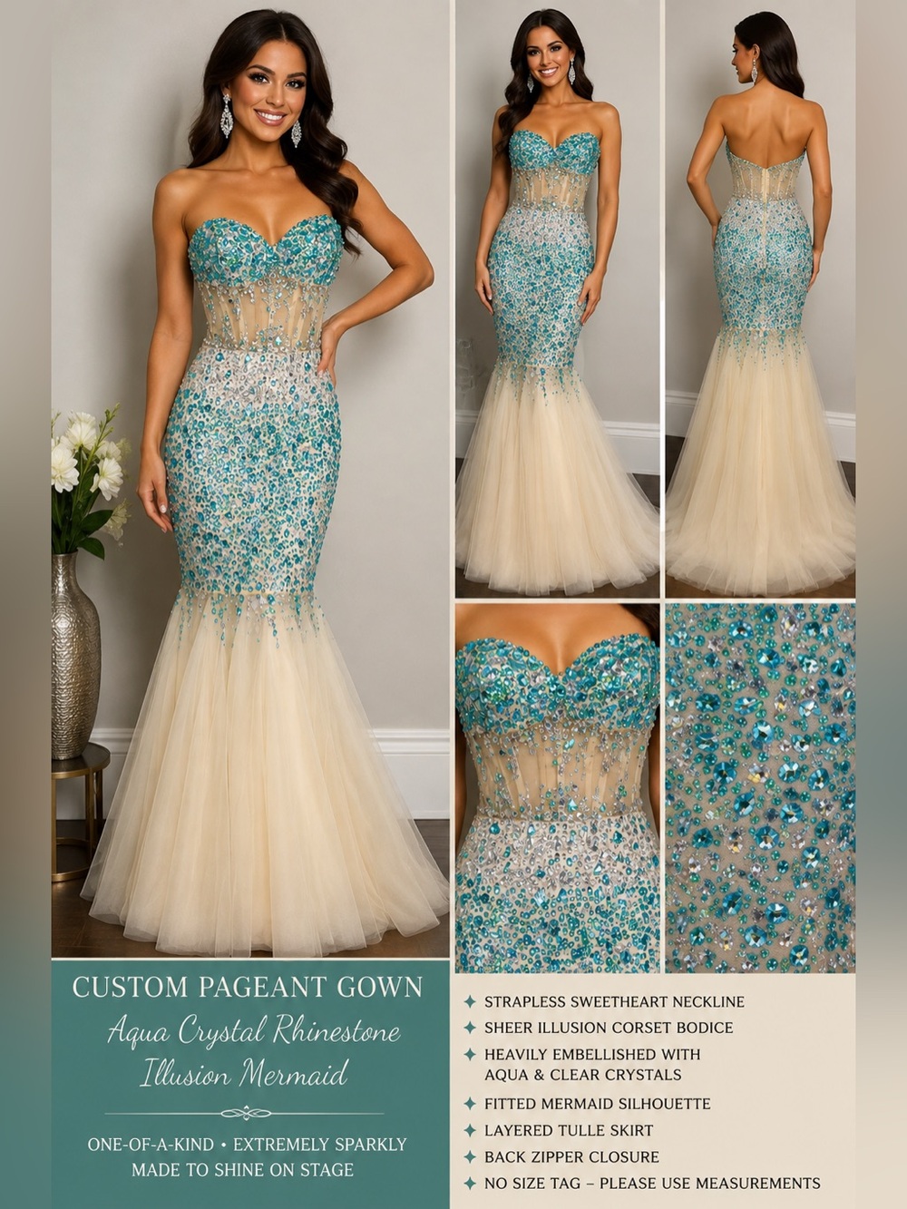 Custom Pageant Gown Aqua Crystal Rhinestone Illusion Mermaid Formal Dress